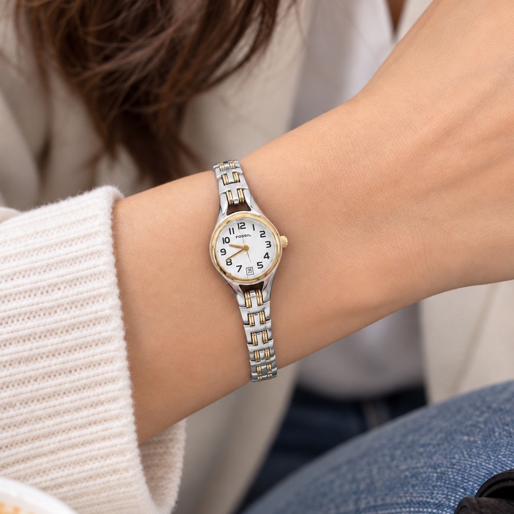 Fossil Womens Watch Two Tone Silver Gold White Dial Date F2 ES-1052 New Battery